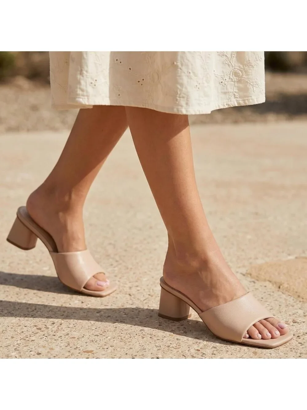 Women's Square Open Toe Chunky Block Nude Short Low Heel Slip on Heeled Sandals